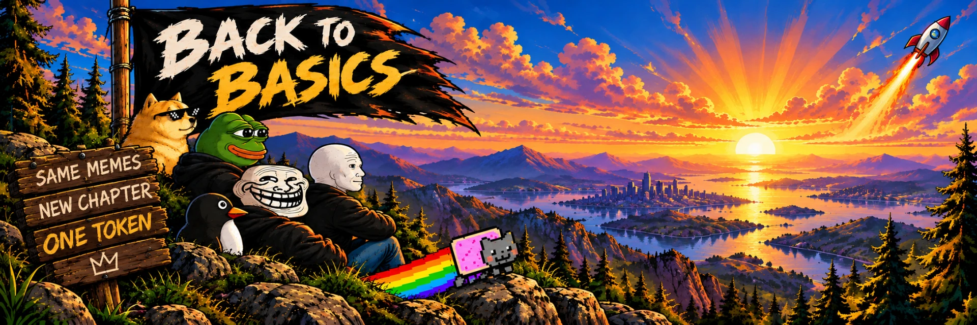 The OG memes together on a mountainside overlooking a golden sunset, beneath a Back To Basics flag